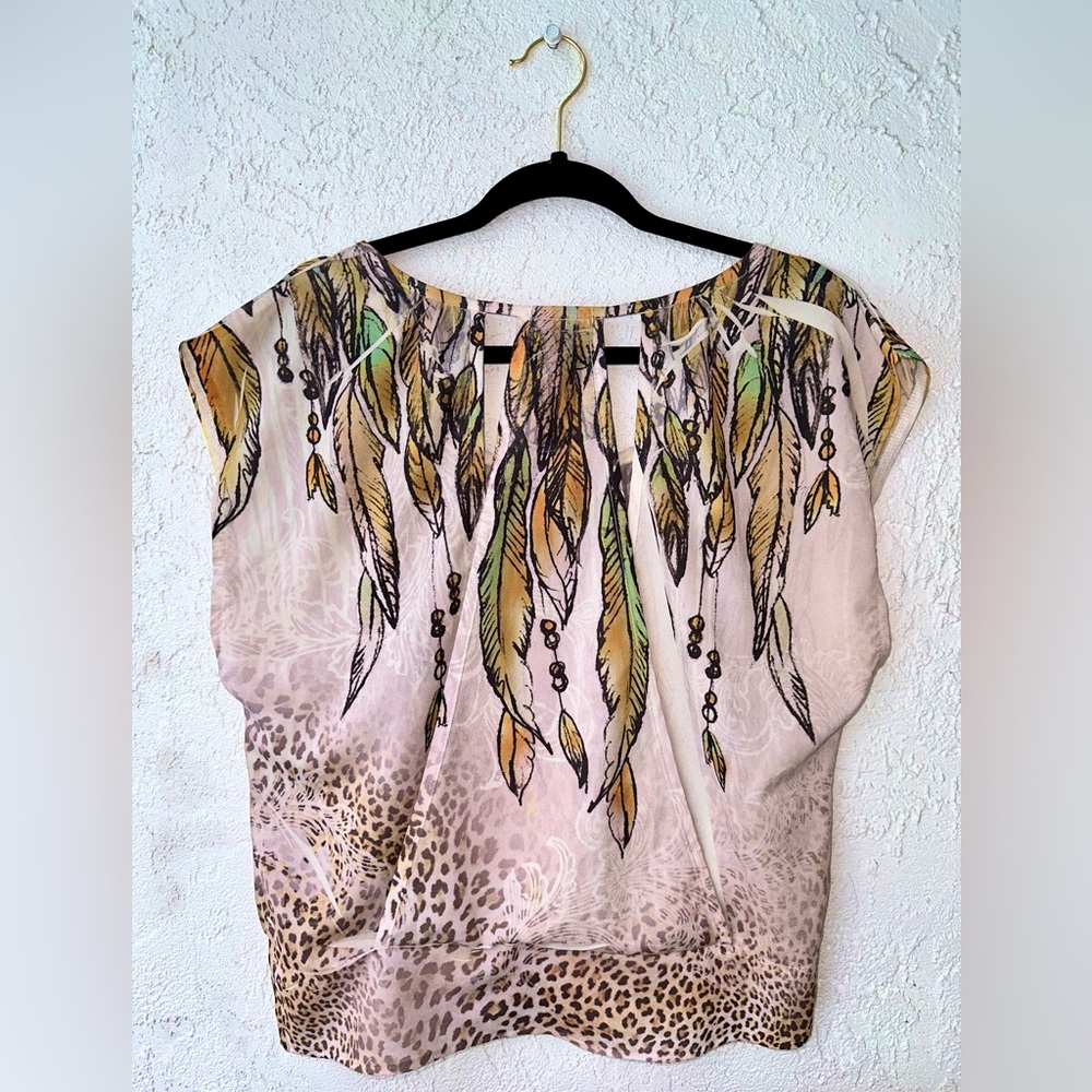 Poetry Top Feather Cheetah Print Sleeveless Two Back Openings Medium - Picture 2 of 4
